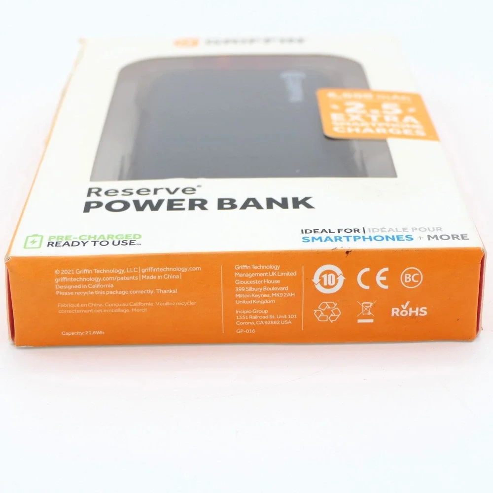 Griffin Reserve Power Bank 6000mAh Portable Smartphone Charger Black Pre-Charged